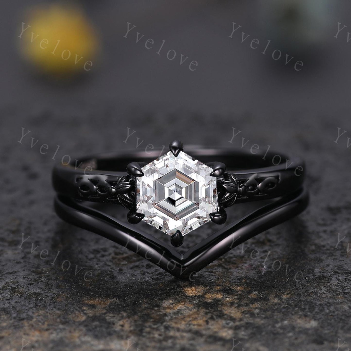 Vintage Moissanite Engagement Ring,14k Black Gold Ring,Hexagon Shape Bridal Ring,Art Deco Moissanite Anniversary Gift Promise Ring For Her