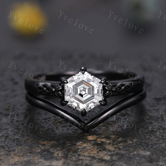 Vintage Moissanite Engagement Ring,14k Black Gold Ring,Hexagon Shape Bridal Ring,Art Deco Moissanite Anniversary Gift Promise Ring For Her