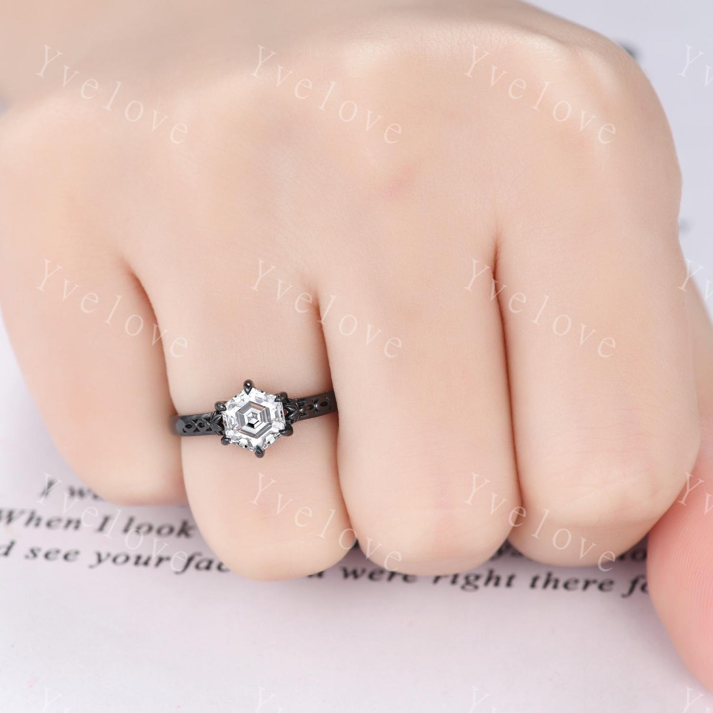 Vintage Moissanite Engagement Ring,14k Black Gold Ring,Hexagon Shape Bridal Ring,Art Deco Moissanite Anniversary Gift Promise Ring For Her
