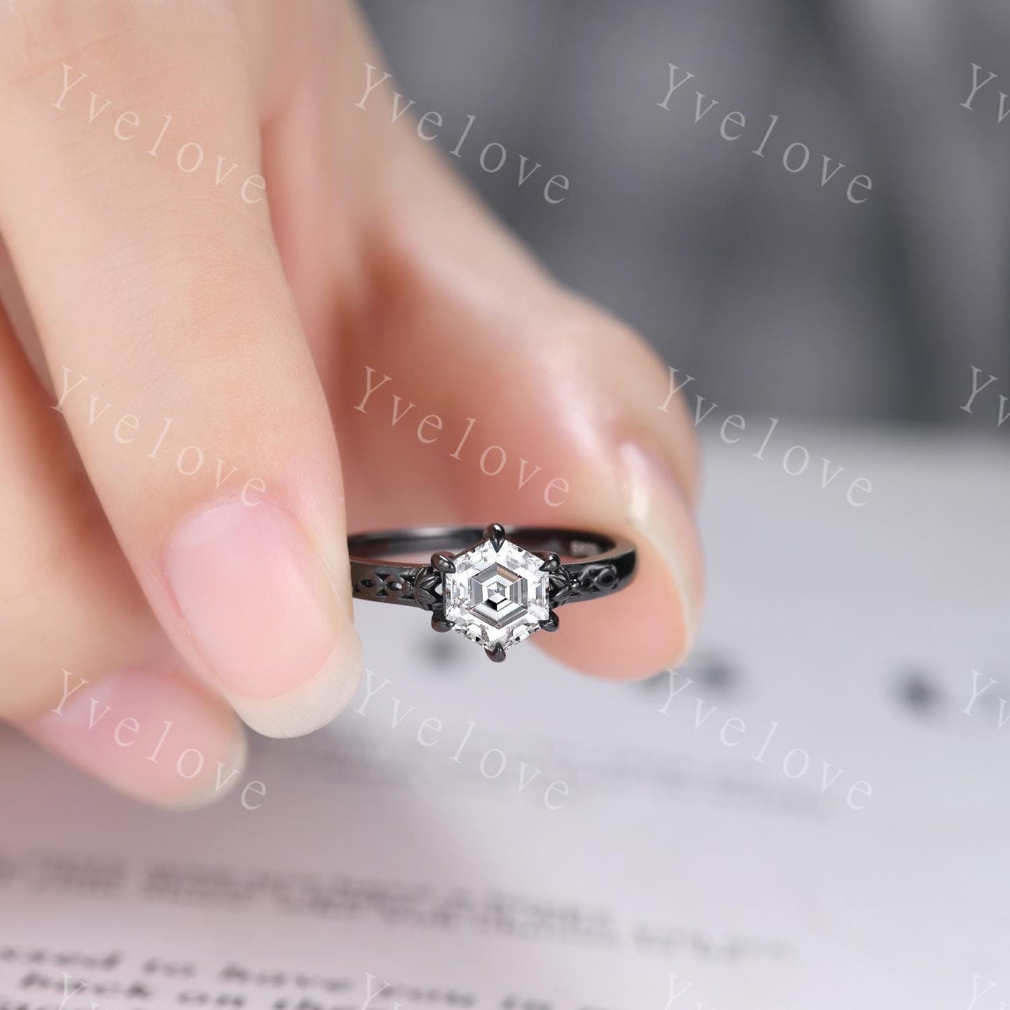 Vintage Moissanite Engagement Ring,14k Black Gold Ring,Hexagon Shape Bridal Ring,Art Deco Moissanite Anniversary Gift Promise Ring For Her