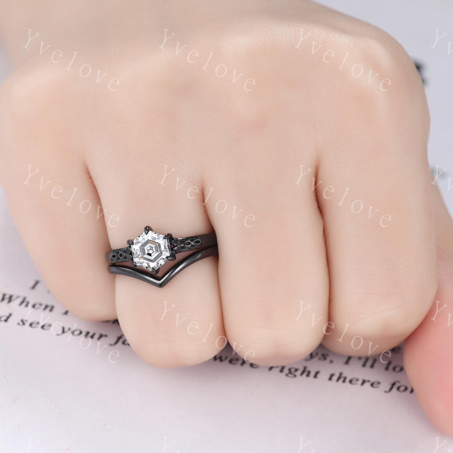 Vintage Moissanite Engagement Ring,14k Black Gold Ring,Hexagon Shape Bridal Ring,Art Deco Moissanite Anniversary Gift Promise Ring For Her