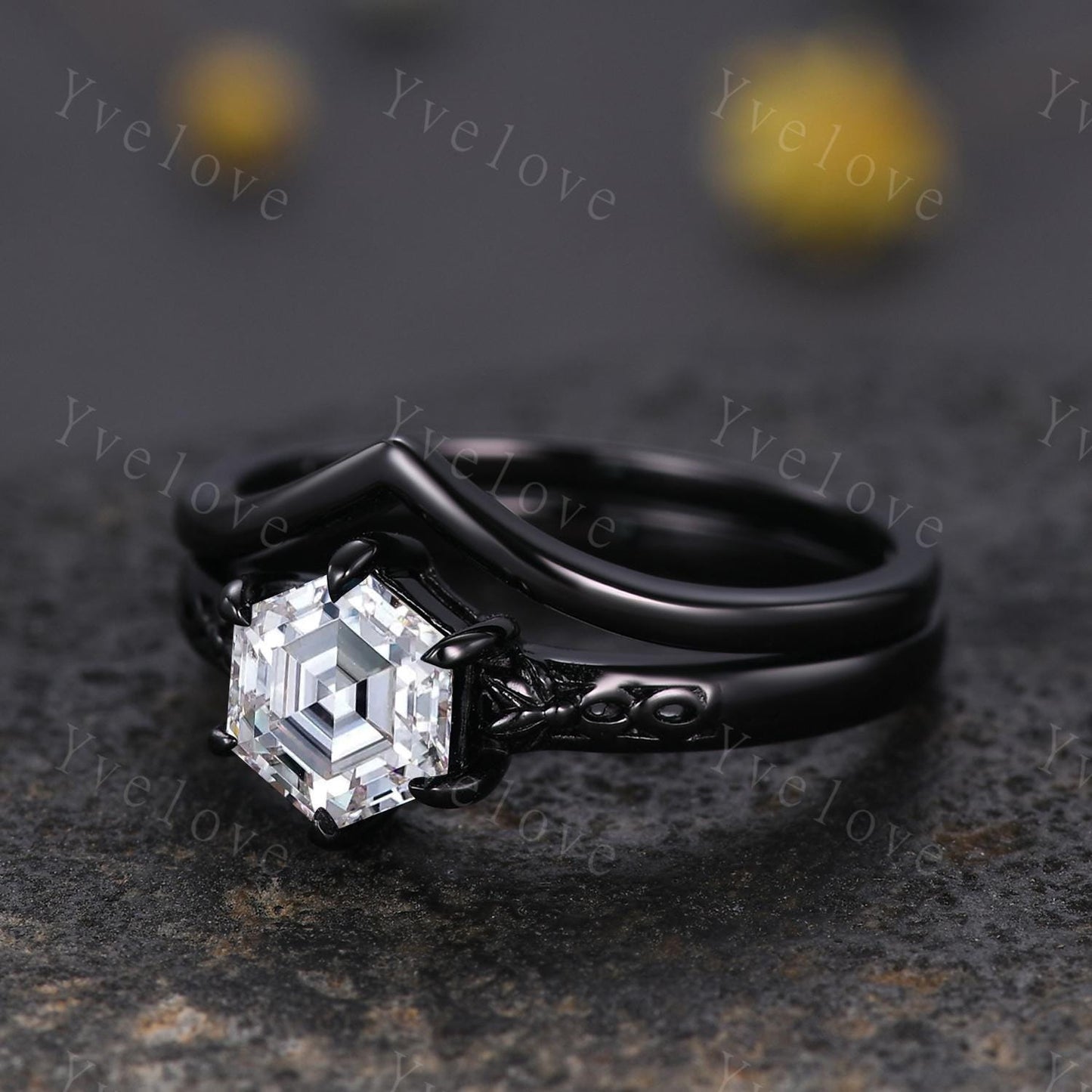 Vintage Moissanite Engagement Ring,14k Black Gold Ring,Hexagon Shape Bridal Ring,Art Deco Moissanite Anniversary Gift Promise Ring For Her