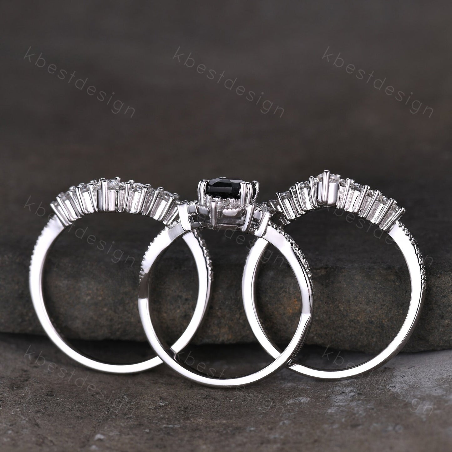 3PCS black onyx engagement ring sterling silver ring art deco curved stacking band coffin shaped bridal set unique moissanite wedding set
