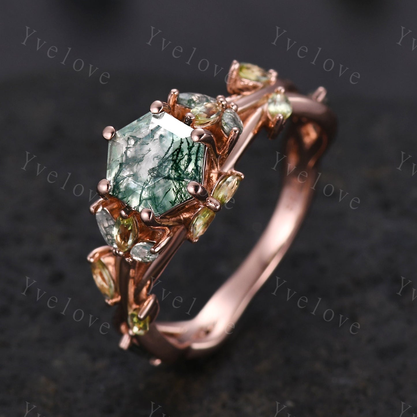 Hexagon cut moss agate engagement ring,nature inspired twig leaf marquise green peridot,rose gold ring,unique vintage promise gift for her