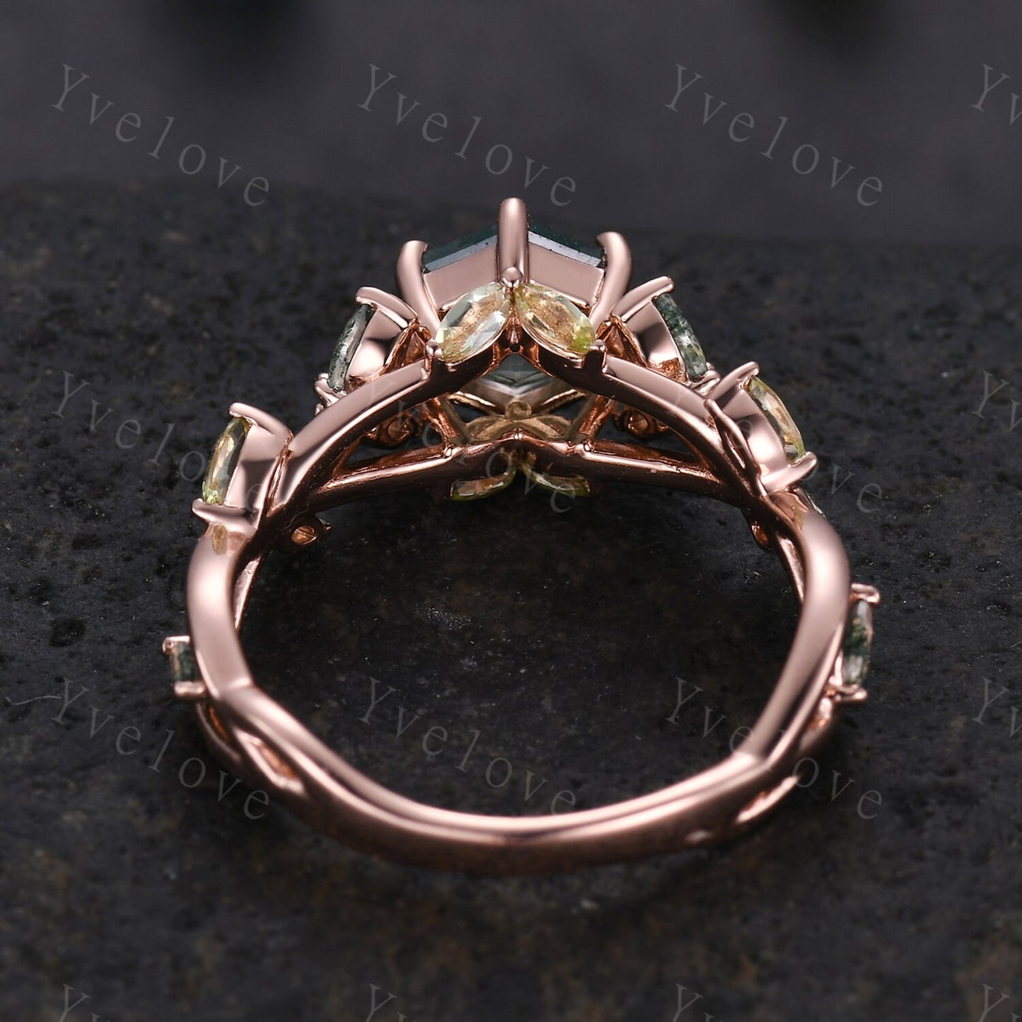 Hexagon cut moss agate engagement ring,nature inspired twig leaf marquise green peridot,rose gold ring,unique vintage promise gift for her
