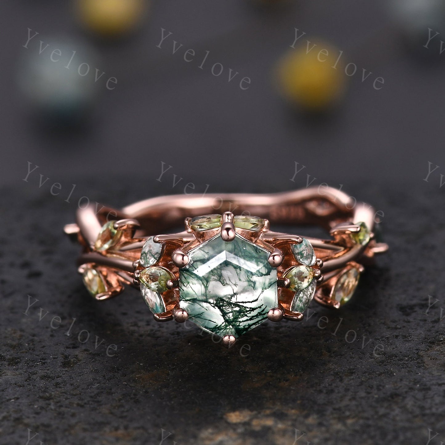 Hexagon cut moss agate engagement ring,nature inspired twig leaf marquise green peridot,rose gold ring,unique vintage promise gift for her