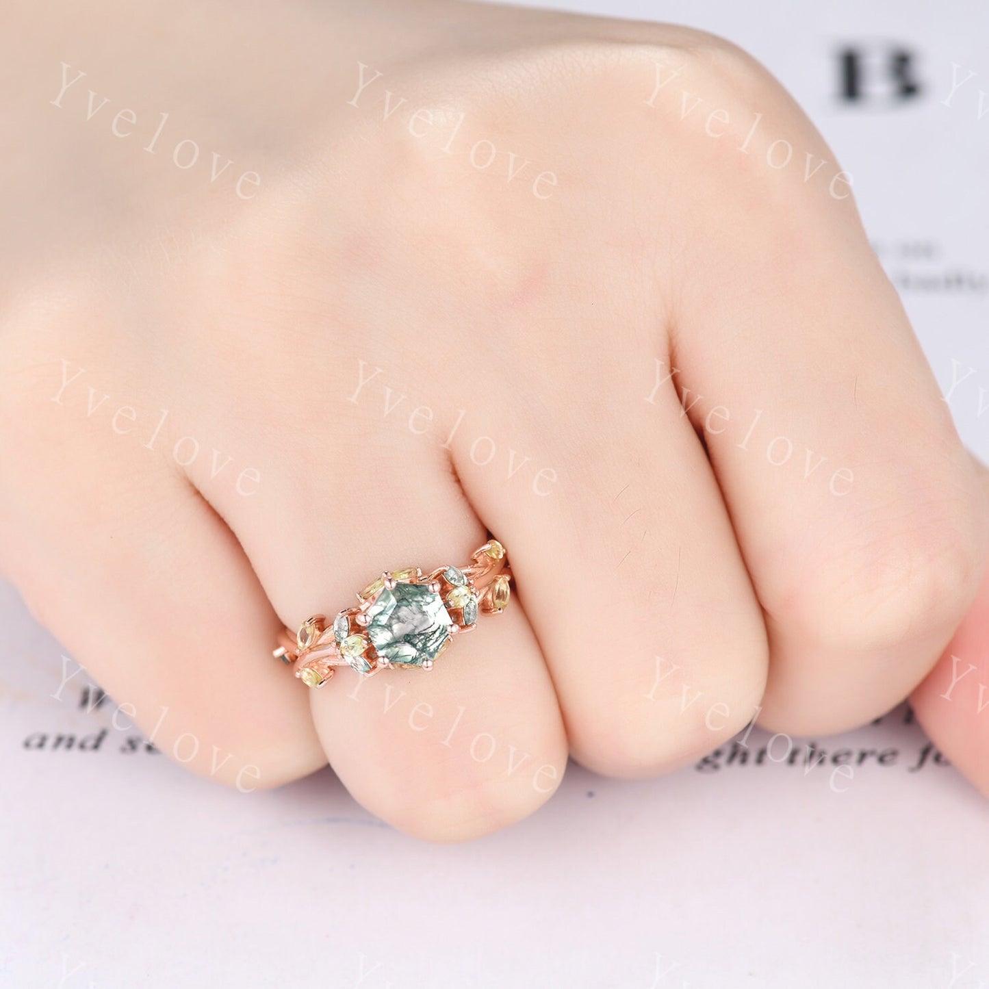 Hexagon cut moss agate engagement ring,nature inspired twig leaf marquise green peridot,rose gold ring,unique vintage promise gift for her