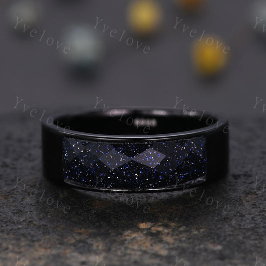Space Galaxy Ring Unisex Black Gold Ring Blue Sandstone Wedding Band Couples Ring Set His and Hers Ring Matching Couples Promise Ring Set