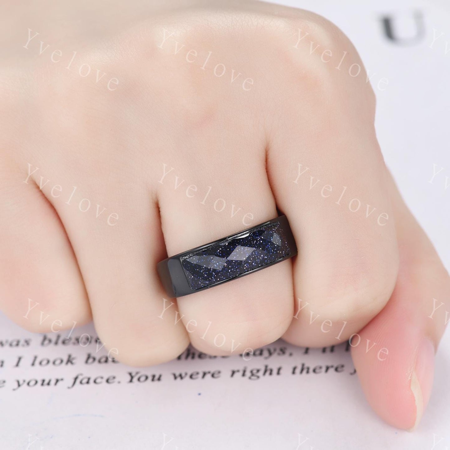 Space Galaxy Ring Unisex Black Gold Ring Blue Sandstone Wedding Band Couples Ring Set His and Hers Ring Matching Couples Promise Ring Set