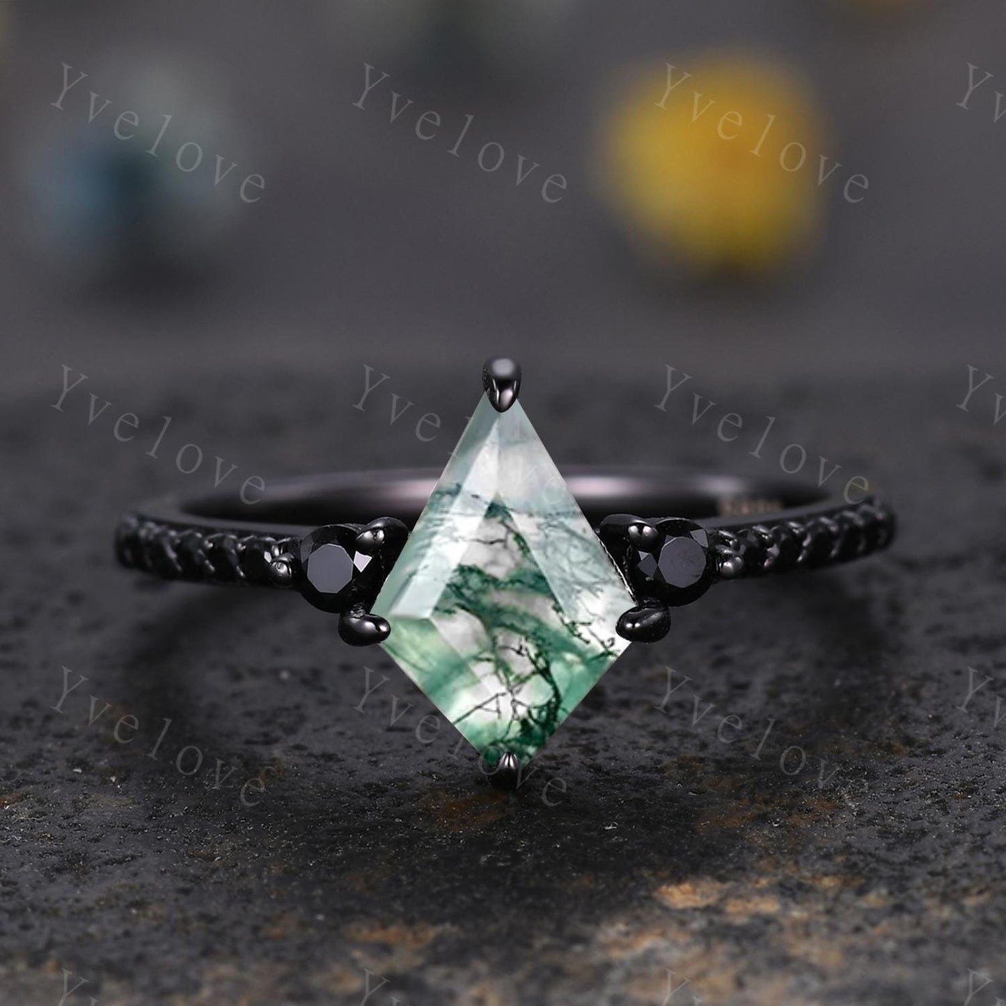 Retro Kite Moss Agate Engagement Ring,Vintage Nature Inspired Black Silver Ring,Unique Black Spinel Diamond Promise Ring Anniversary Gift