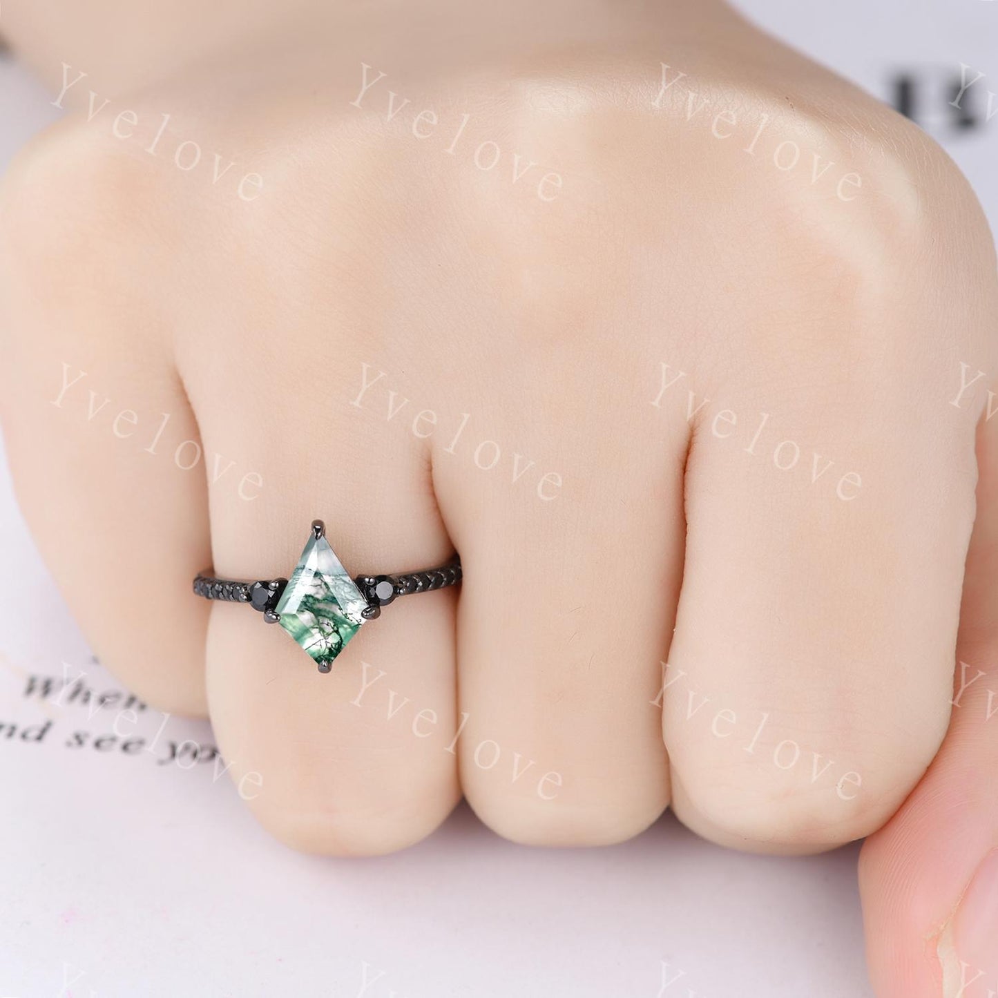 Retro Kite Moss Agate Engagement Ring,Vintage Nature Inspired Black Silver Ring,Unique Black Spinel Diamond Promise Ring Anniversary Gift