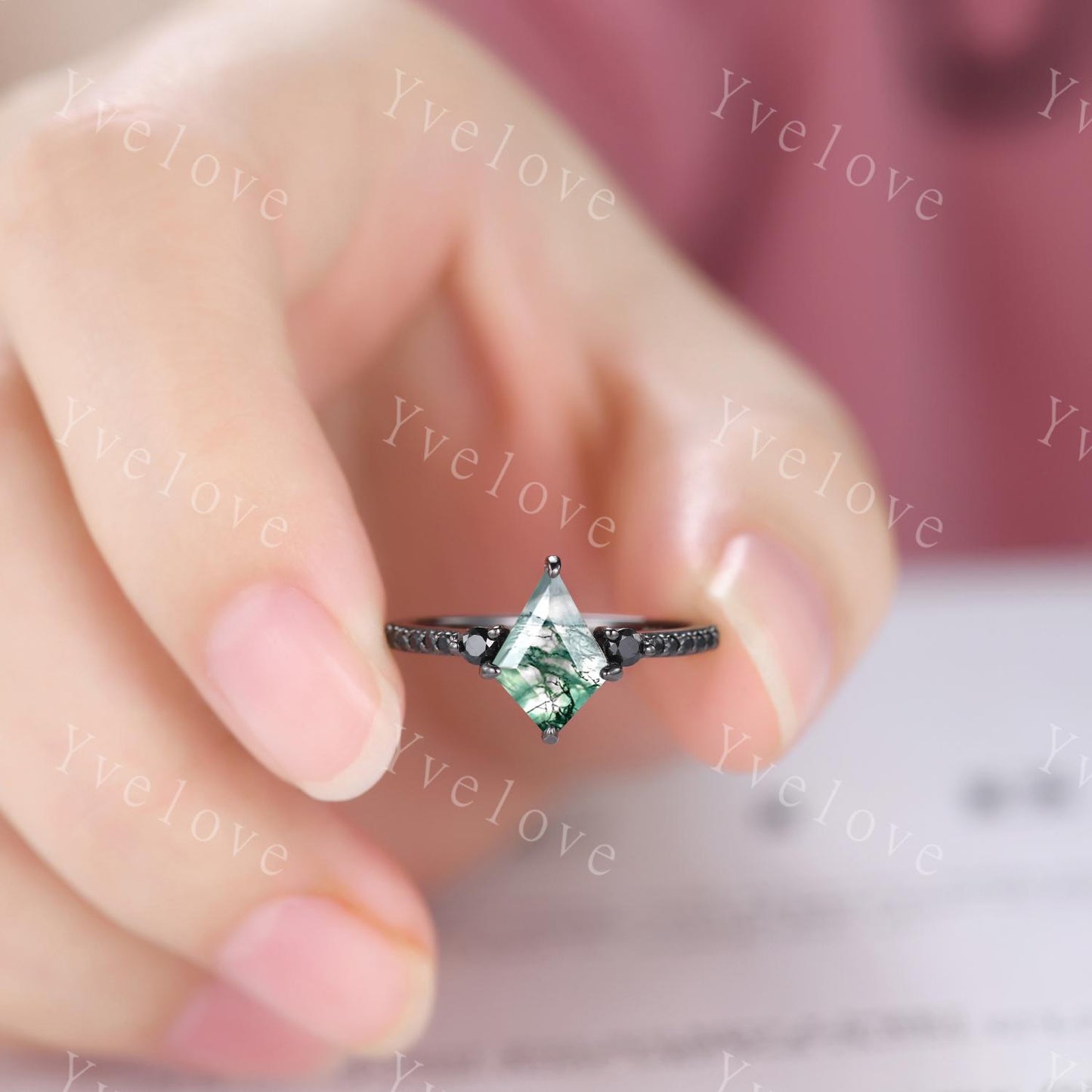 Retro Kite Moss Agate Engagement Ring,Vintage Nature Inspired Black Silver Ring,Unique Black Spinel Diamond Promise Ring Anniversary Gift