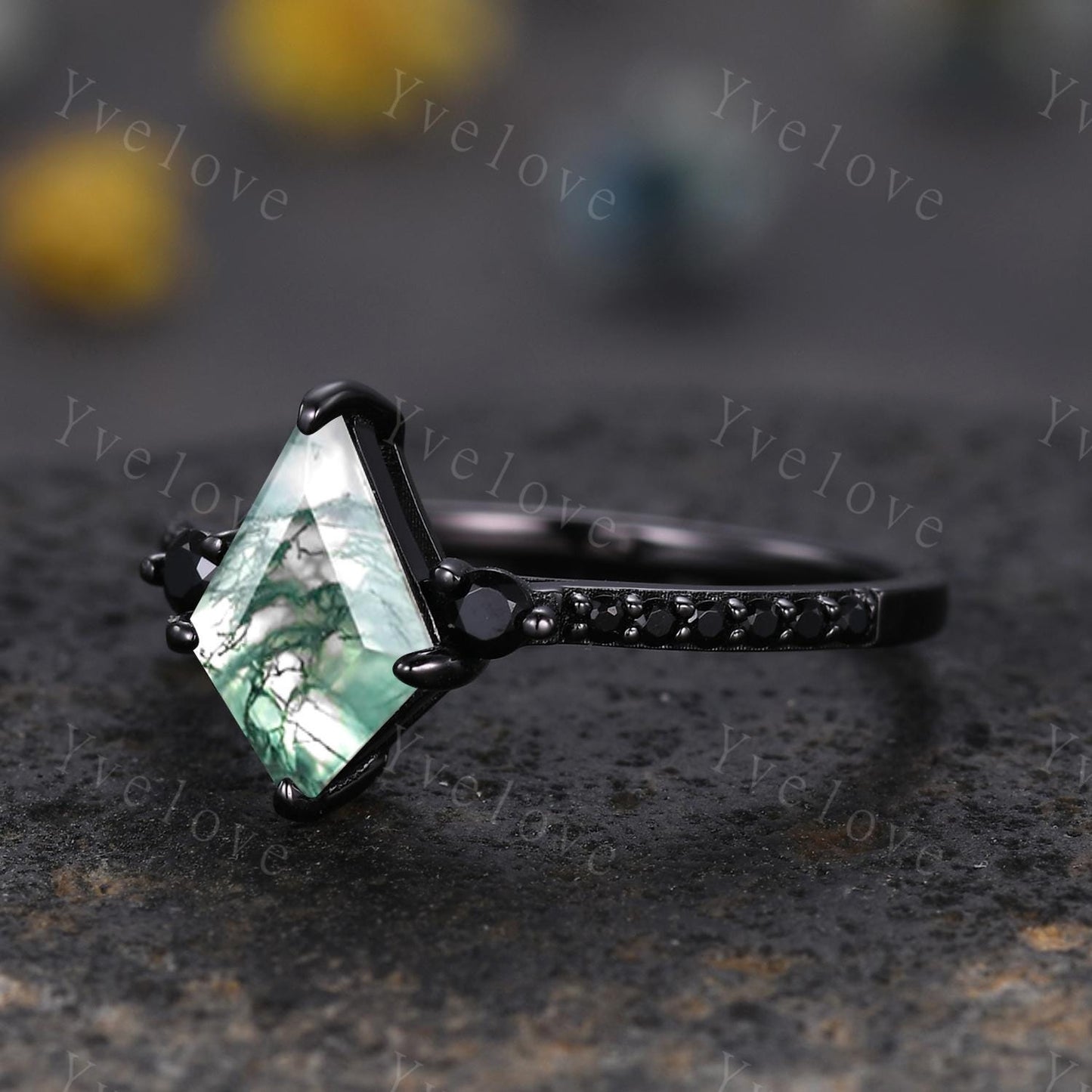 Retro Kite Moss Agate Engagement Ring,Vintage Nature Inspired Black Silver Ring,Unique Black Spinel Diamond Promise Ring Anniversary Gift