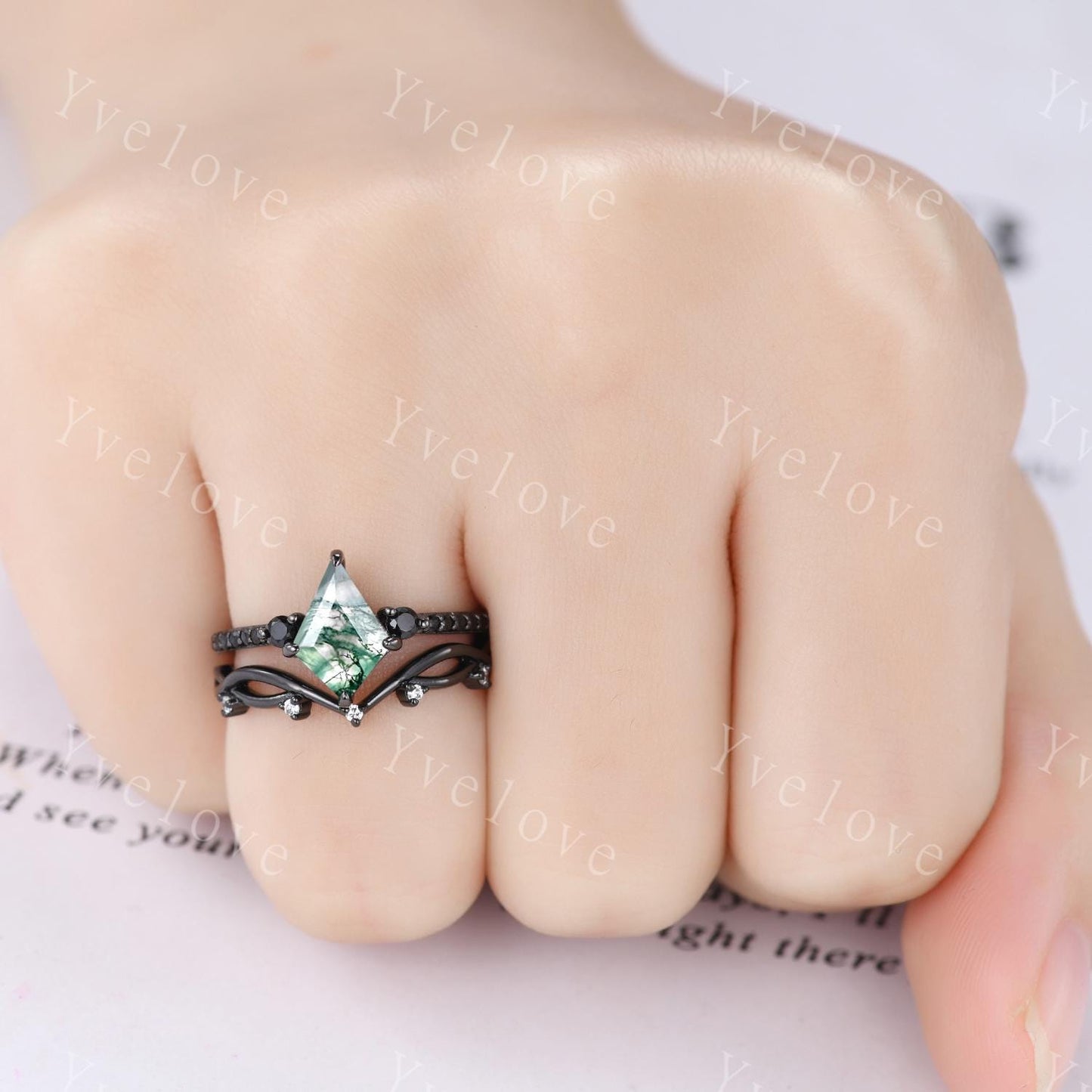 Retro Kite Moss Agate Engagement Ring,Vintage Nature Inspired Black Silver Ring,Unique Black Spinel Diamond Promise Ring Anniversary Gift