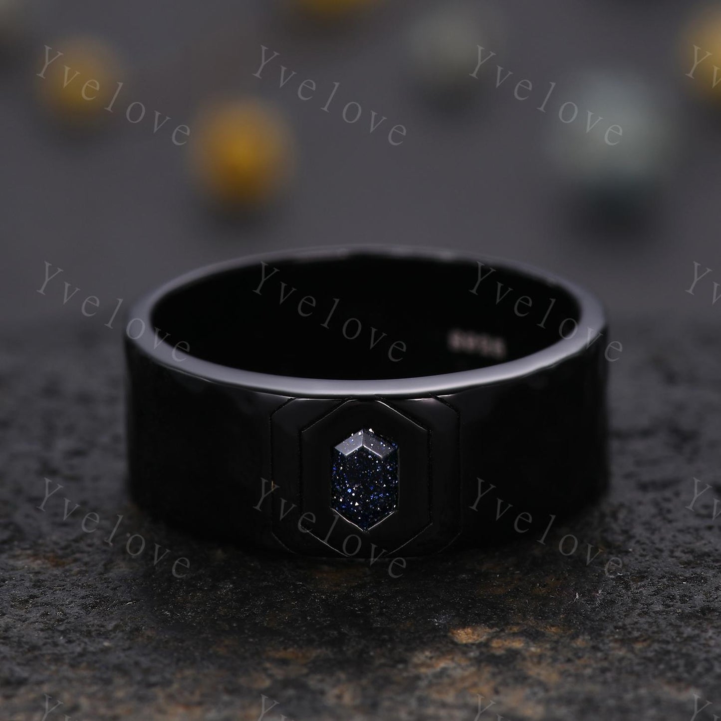 7mm Black Gold Mens Hexagon Blue Sandstone Wedding Band Galaxy Sandstone Engagement Ring Hammered Finished Mens Stacking Band Promise Ring