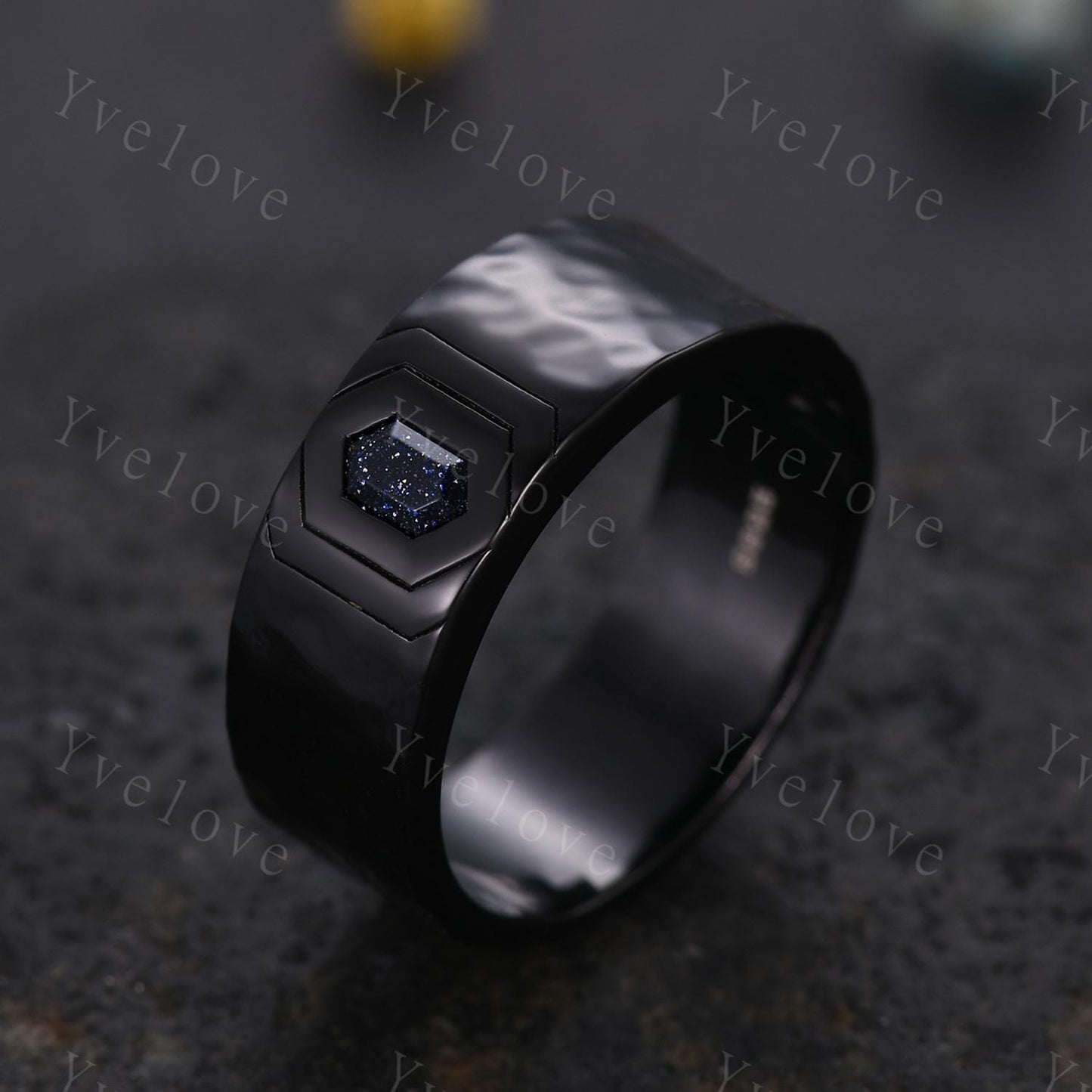 7mm Black Gold Mens Hexagon Blue Sandstone Wedding Band Galaxy Sandstone Engagement Ring Hammered Finished Mens Stacking Band Promise Ring