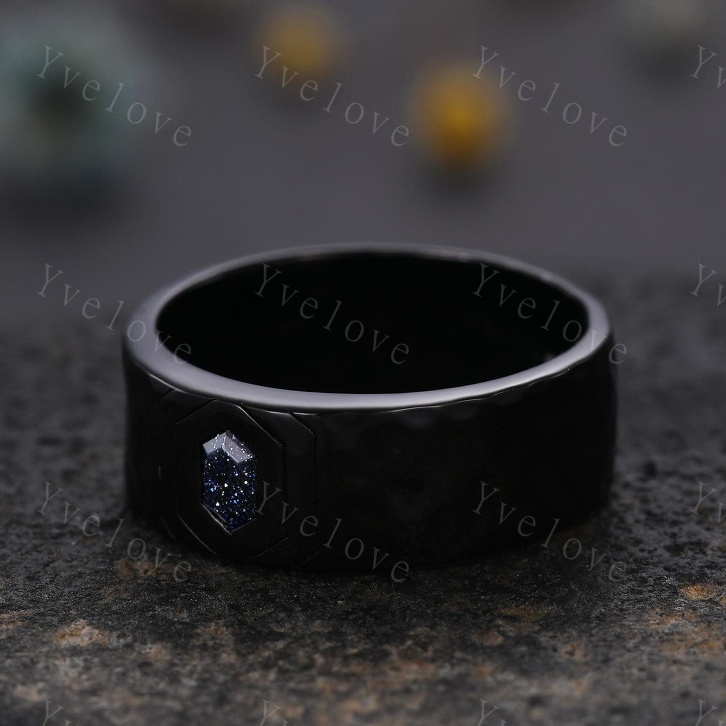 7mm Black Gold Mens Hexagon Blue Sandstone Wedding Band Galaxy Sandstone Engagement Ring Hammered Finished Mens Stacking Band Promise Ring