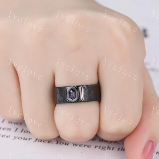7mm Black Gold Mens Hexagon Blue Sandstone Wedding Band Galaxy Sandstone Engagement Ring Hammered Finished Mens Stacking Band Promise Ring
