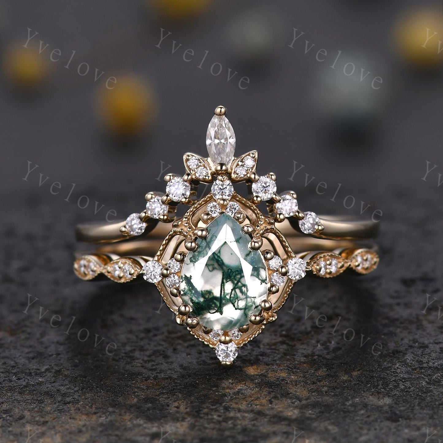 Vintage Moss Agate Engagement Ring,6x8mm Pear Agate Bridal Ring Set,V Curved Moissanite Stacking Band,Solid Gold,Women Rings Gift For Her