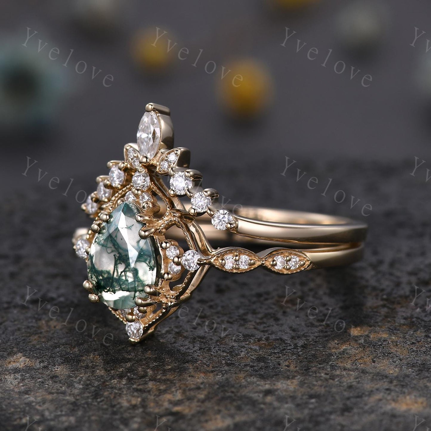 Vintage Moss Agate Engagement Ring,6x8mm Pear Agate Bridal Ring Set,V Curved Moissanite Stacking Band,Solid Gold,Women Rings Gift For Her