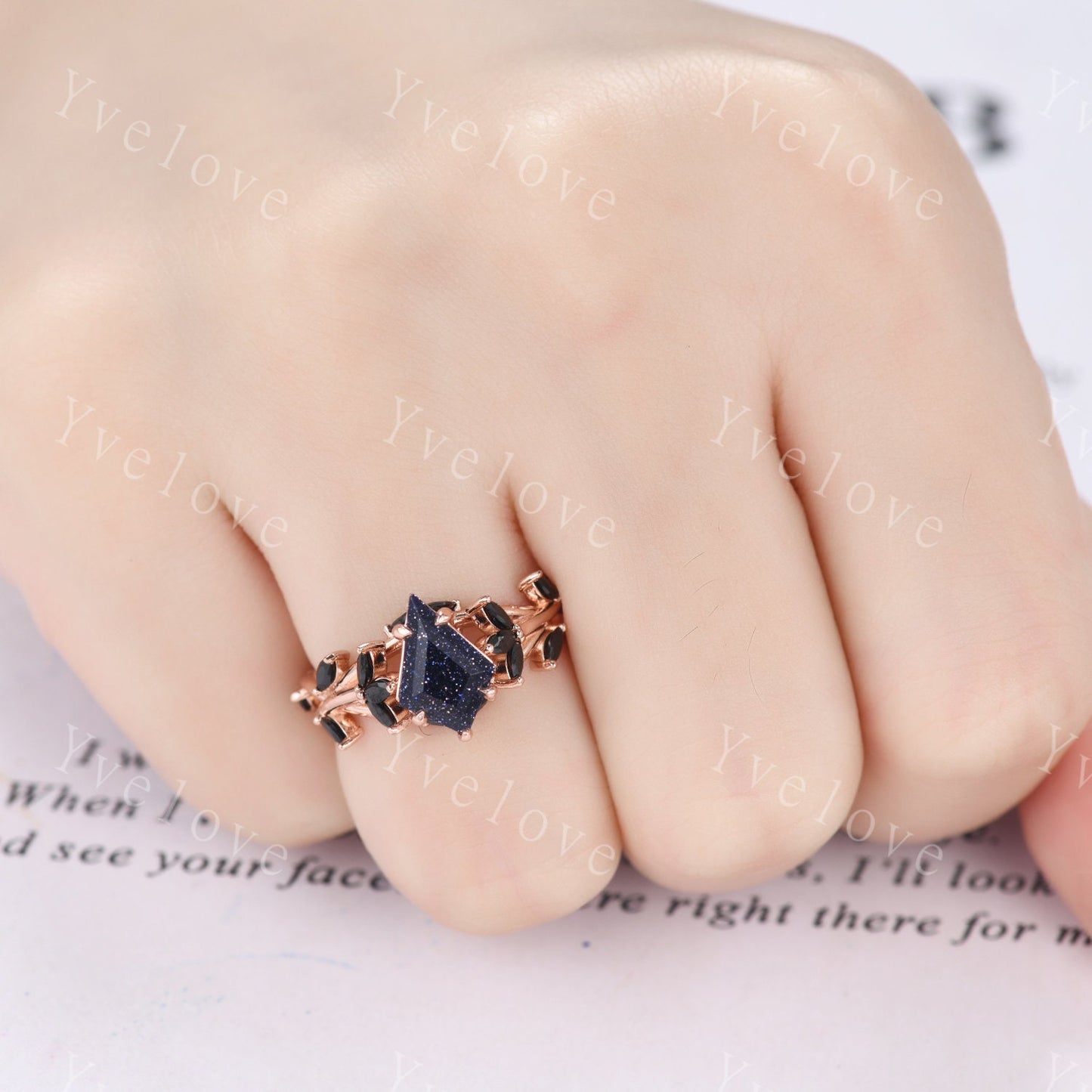 Kite cut blue sandstone engagement ring,flower leaf marquise black spinel,rose gold,unique vintage galaxy sandstone promise gift for women
