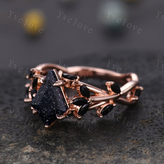 Kite cut blue sandstone engagement ring,flower leaf marquise black spinel,rose gold,unique vintage galaxy sandstone promise gift for women