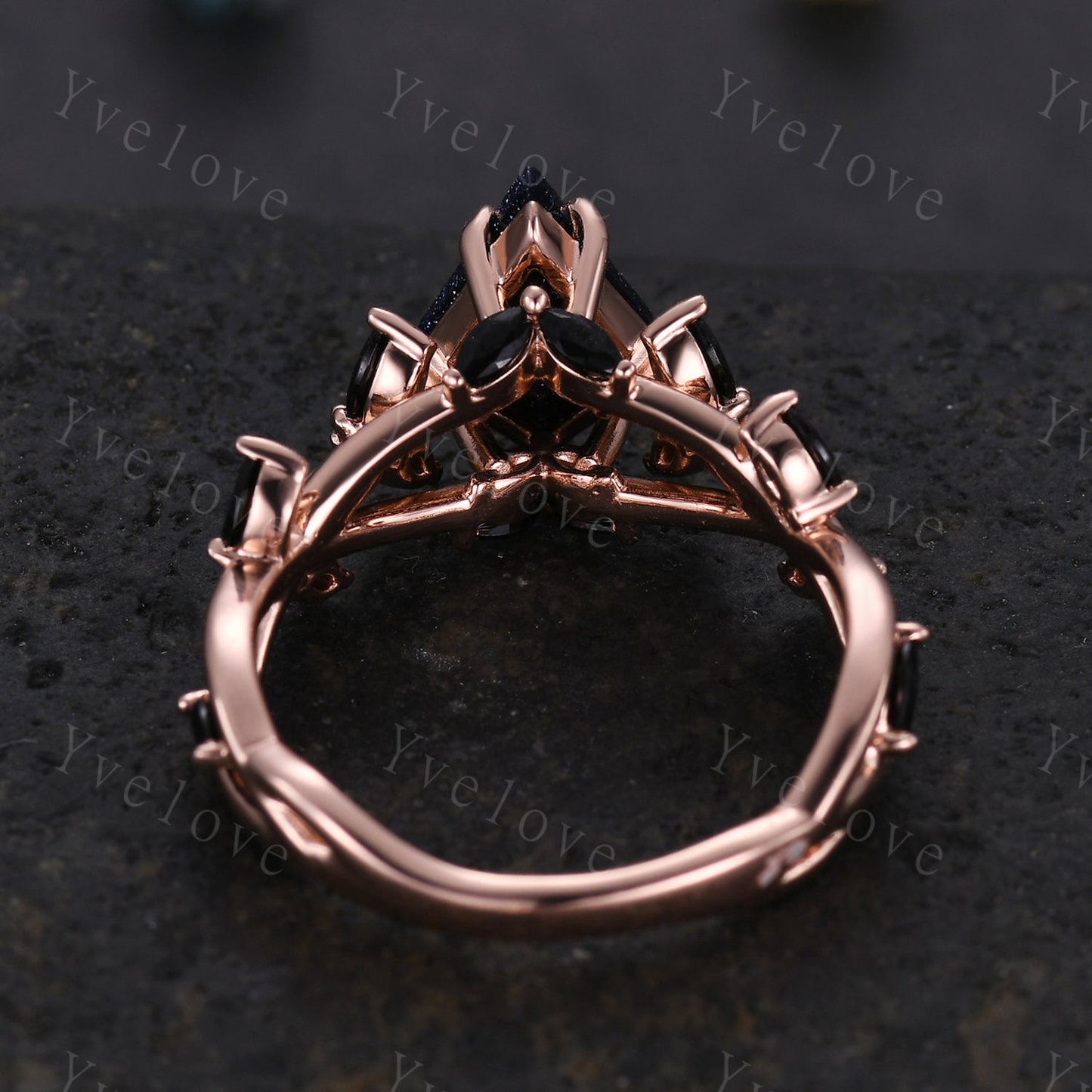 Kite cut blue sandstone engagement ring,flower leaf marquise black spinel,rose gold,unique vintage galaxy sandstone promise gift for women