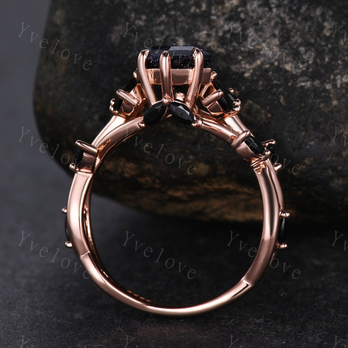Kite cut blue sandstone engagement ring,flower leaf marquise black spinel,rose gold,unique vintage galaxy sandstone promise gift for women