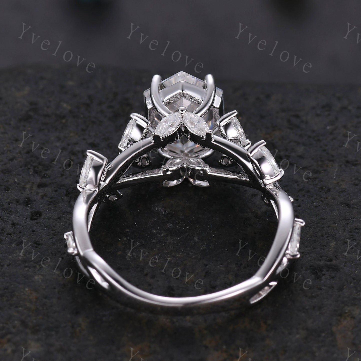 Unique hexagon moissanite engagement ring,cluster branch leaf marquise moissanite,white gold ring,vintage anniversary promise gift for women