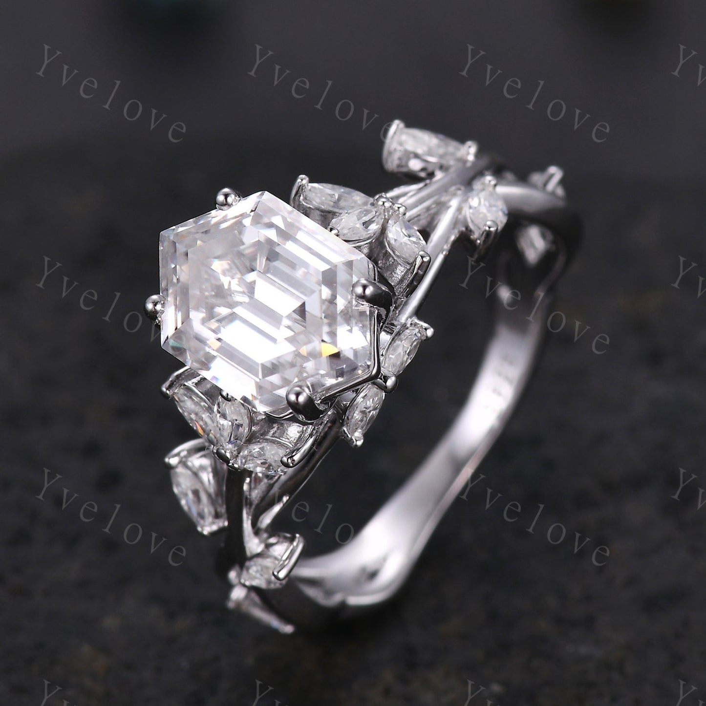 Unique hexagon moissanite engagement ring,cluster branch leaf marquise moissanite,white gold ring,vintage anniversary promise gift for women