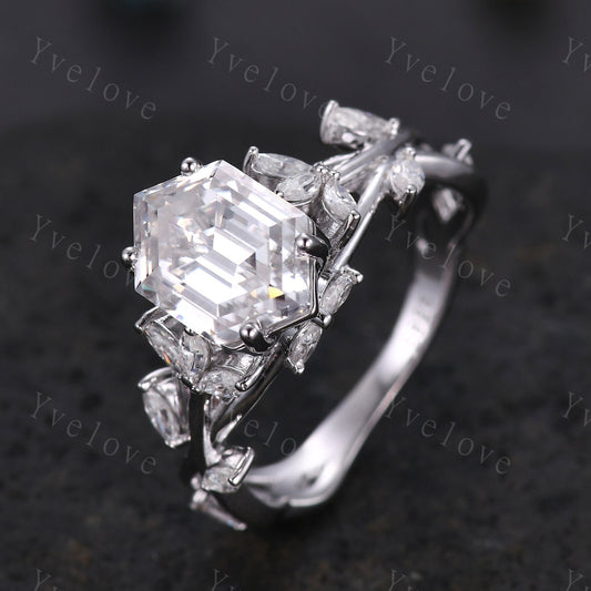 Unique hexagon moissanite engagement ring,cluster branch leaf marquise moissanite,white gold ring,vintage anniversary promise gift for women