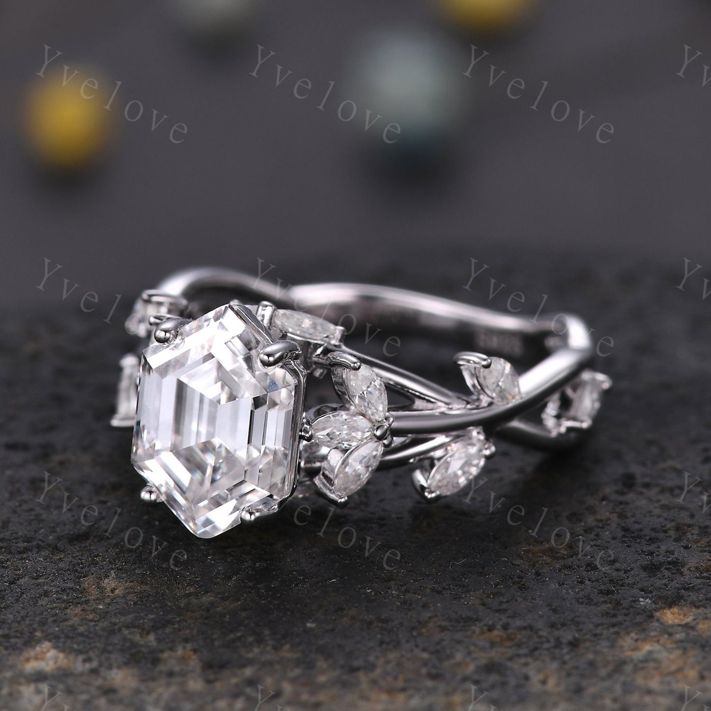 Unique hexagon moissanite engagement ring,cluster branch leaf marquise moissanite,white gold ring,vintage anniversary promise gift for women