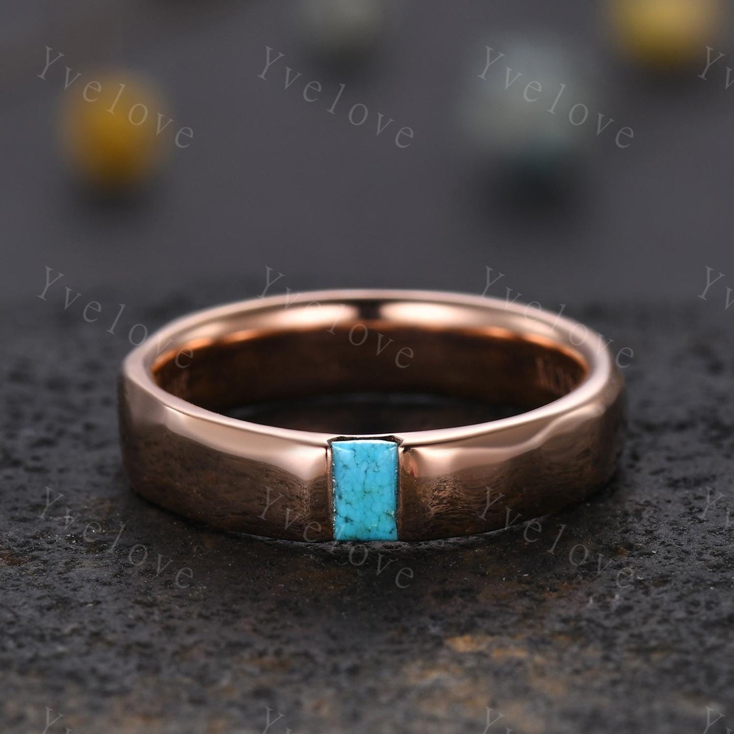 Unisex ring Baguette Turquoise Wedding Band Blue Turquoise Rose Gold Ring Unique Hammered Stackable Matching Band Retro Ring Gift For Wife