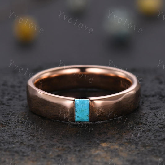 Unisex ring Baguette Turquoise Wedding Band Blue Turquoise Rose Gold Ring Unique Hammered Stackable Matching Band Retro Ring Gift For Wife