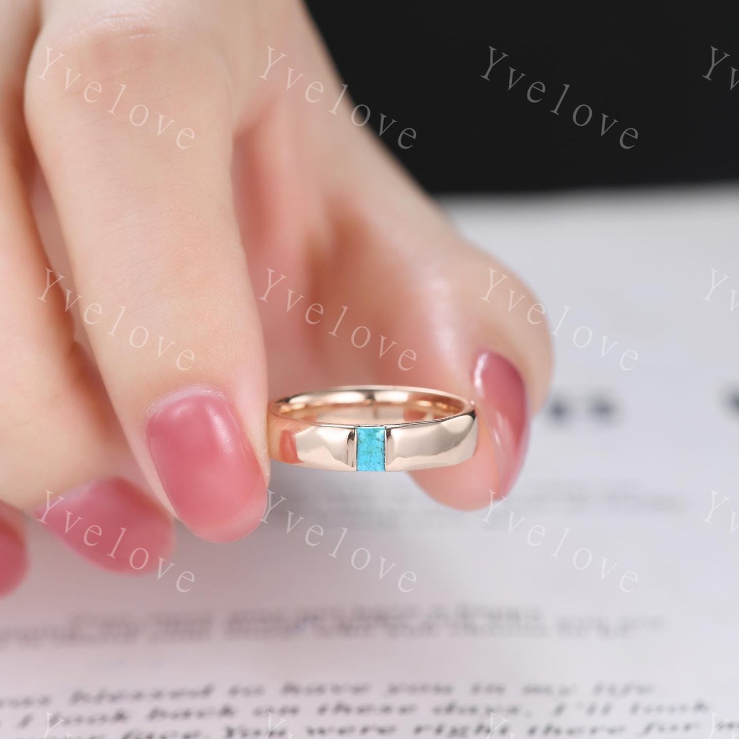Unisex ring Baguette Turquoise Wedding Band Blue Turquoise Rose Gold Ring Unique Hammered Stackable Matching Band Retro Ring Gift For Wife