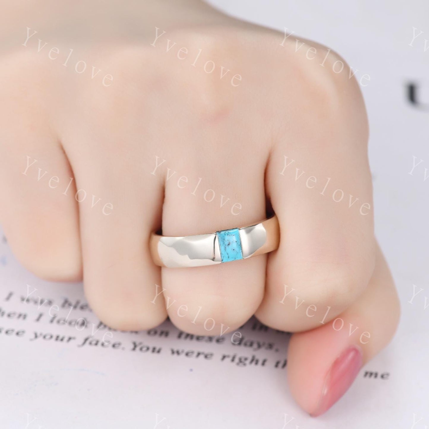 Unisex ring Baguette Turquoise Wedding Band Blue Turquoise Rose Gold Ring Unique Hammered Stackable Matching Band Retro Ring Gift For Wife