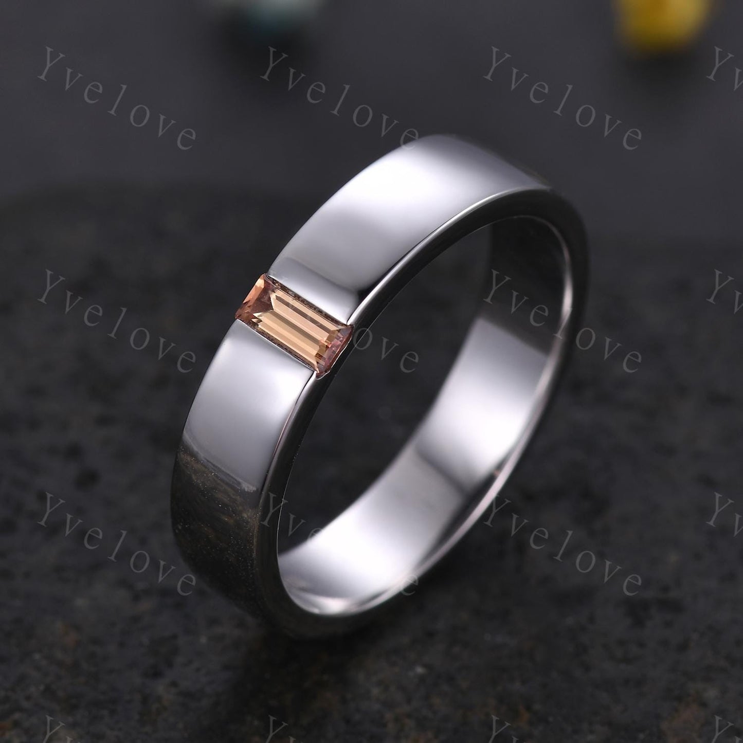 Mens Orange Sapphire Wedding Band Baguette Cut Sapphire Band 5mm Black Gold Ring Mens Stacking Matching Band Retro Ring Gift For Husband