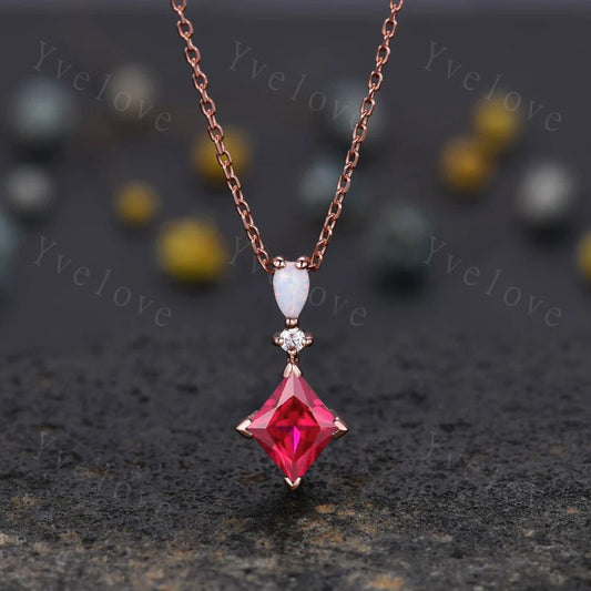 Vintage unique princess cut red ruby necklace solid 14k rose gold opal diamond personalized pendant party anniversary bridal gift for her