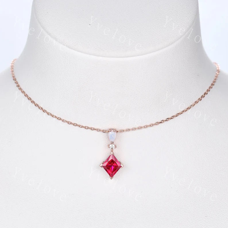 Vintage unique princess cut red ruby necklace solid 14k rose gold opal diamond personalized pendant party anniversary bridal gift for her