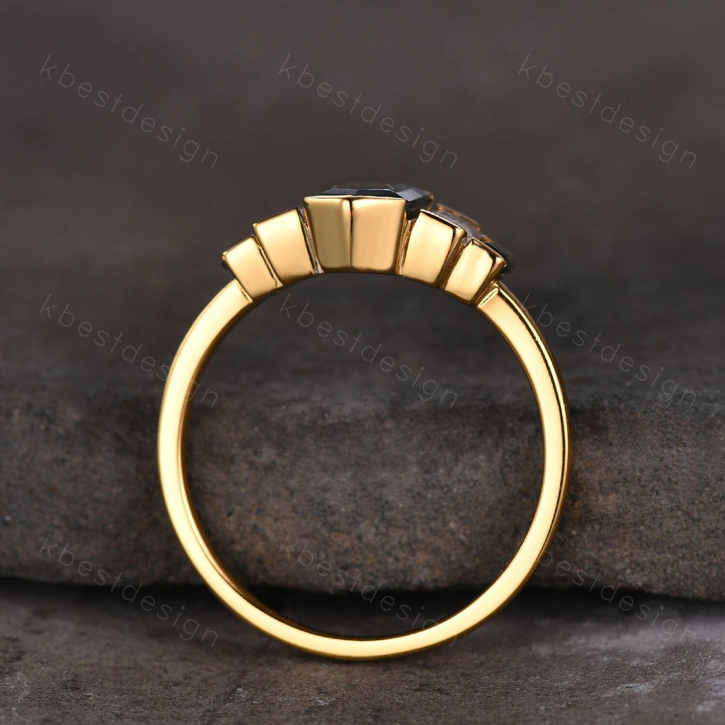 Retro hexagon Moss Agate engagement ring Yellow gold baguette Moonstone ring unique five stone ring Vintage Bridal wedding anniversary ring