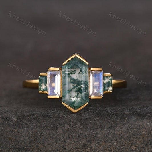 Retro hexagon Moss Agate engagement ring Yellow gold baguette Moonstone ring unique five stone ring Vintage Bridal wedding anniversary ring