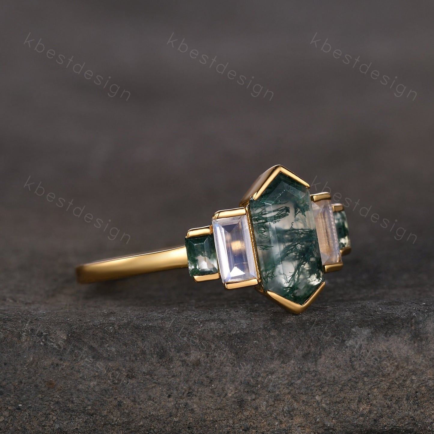 Retro hexagon Moss Agate engagement ring Yellow gold baguette Moonstone ring unique five stone ring Vintage Bridal wedding anniversary ring