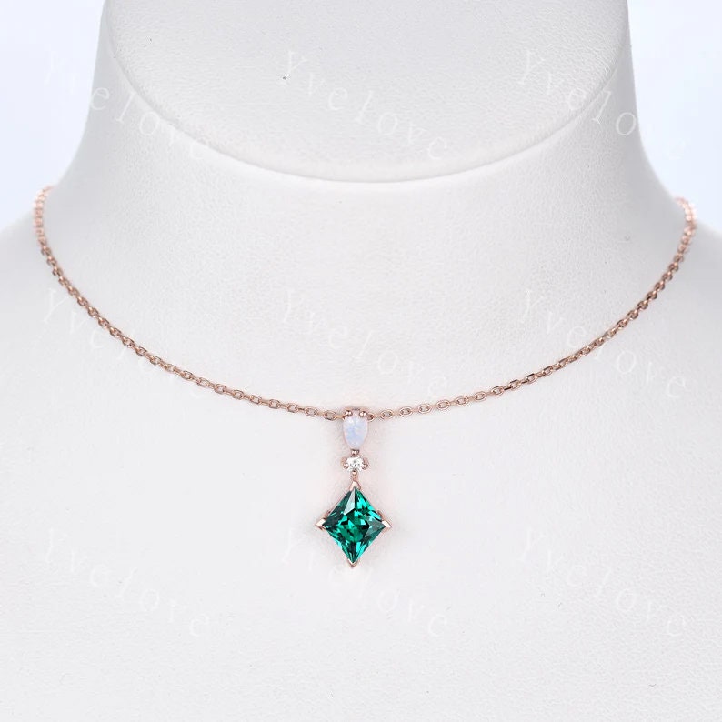 Vintage unique princess cut green emerald necklace 18k rose gold opal diamond personalized pendant promise bridal birthday gift for her