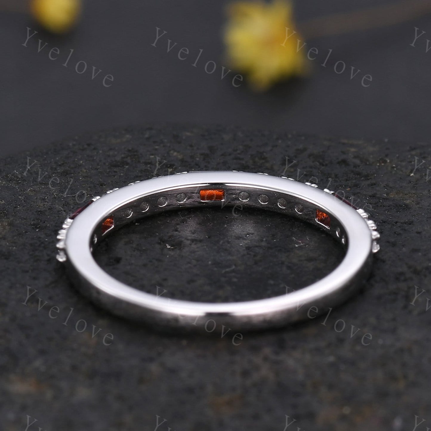 Garnet Ring,Minimalist Stackable Band,Baguette Red Garnet Diamond Wedding Ring,Half Eternity Wedding Band,Silver Ring,Anniversary Ring Gift