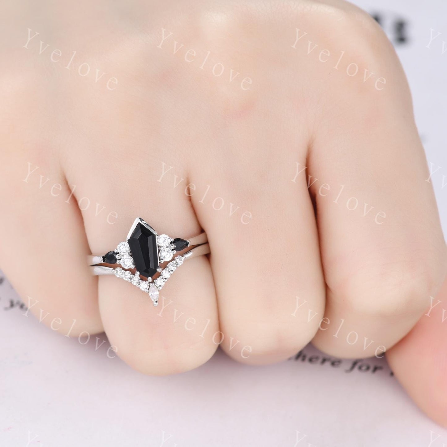 Gothic Coffin Kite Cut Black Onyx Engagement Ring,Unique Black Gems Ring,Diamond Stacking Matching Band Silver Promise Ring Anniversary Gift