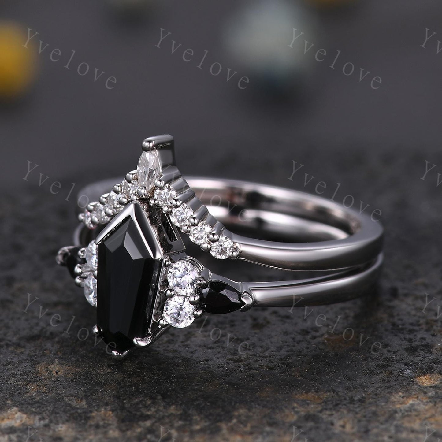 Gothic Coffin Cut Black Onyx Engagement Ring Set,Unique Black Gems Ring,Curved Diamond Stacking Matching Band Promise Anniversary Ring Gift