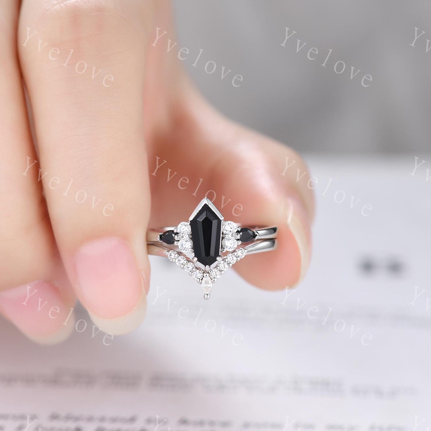 Gothic Coffin Cut Black Onyx Engagement Ring Set,Unique Black Gems Ring,Curved Diamond Stacking Matching Band Promise Anniversary Ring Gift