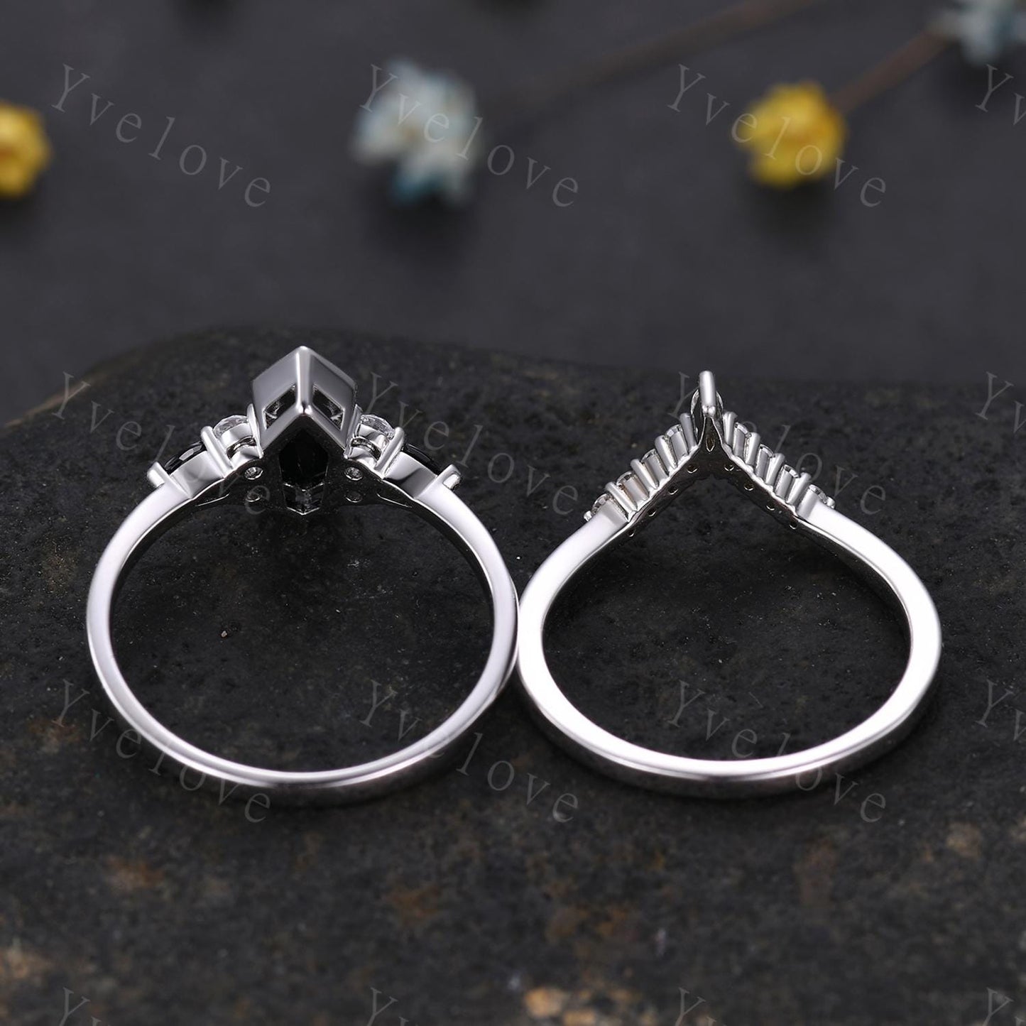 Gothic Coffin Cut Black Onyx Engagement Ring Set,Unique Black Gems Ring,Curved Diamond Stacking Matching Band Promise Anniversary Ring Gift