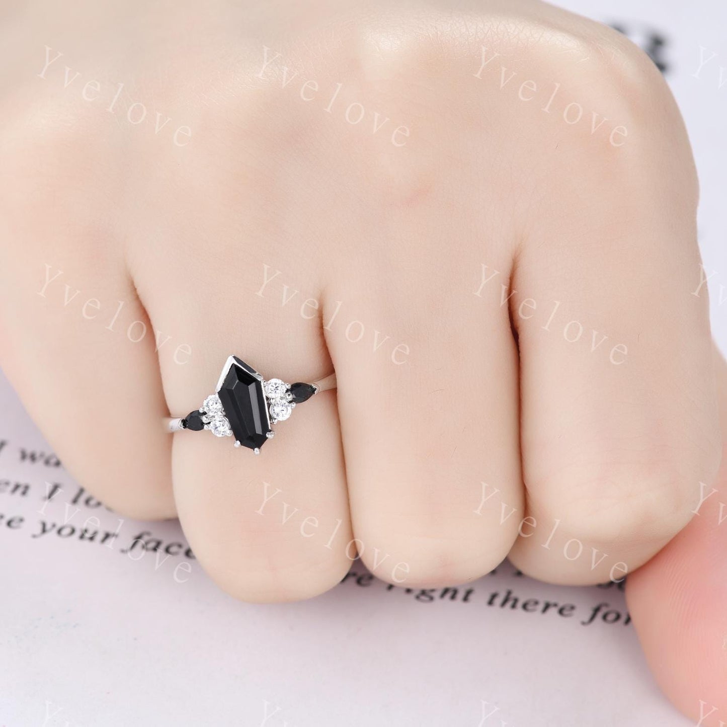 Gothic Coffin Kite Cut Black Onyx Engagement Ring,Unique Black Gems Ring,Diamond Stacking Matching Band Silver Promise Ring Anniversary Gift