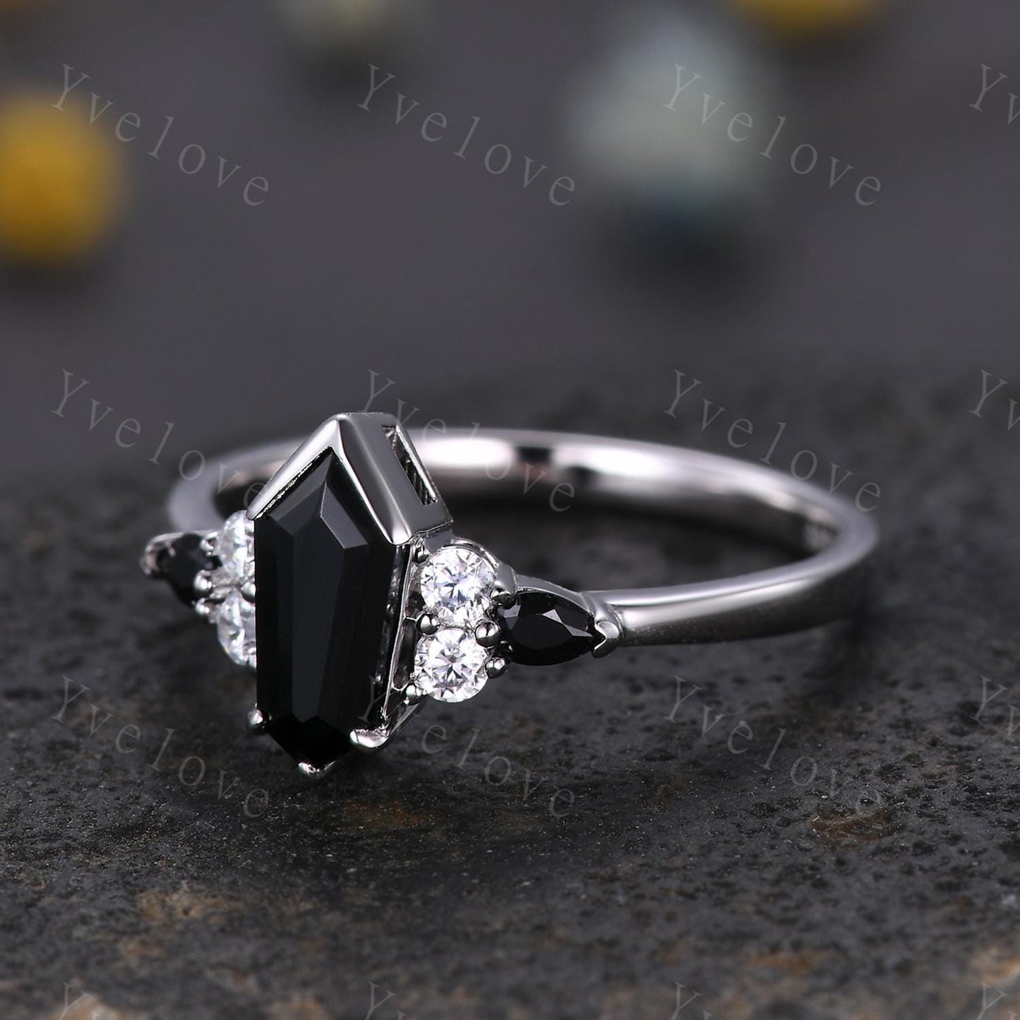 Gothic Coffin Kite Cut Black Onyx Engagement Ring,Unique Black Gems Ring,Diamond Stacking Matching Band Silver Promise Ring Anniversary Gift